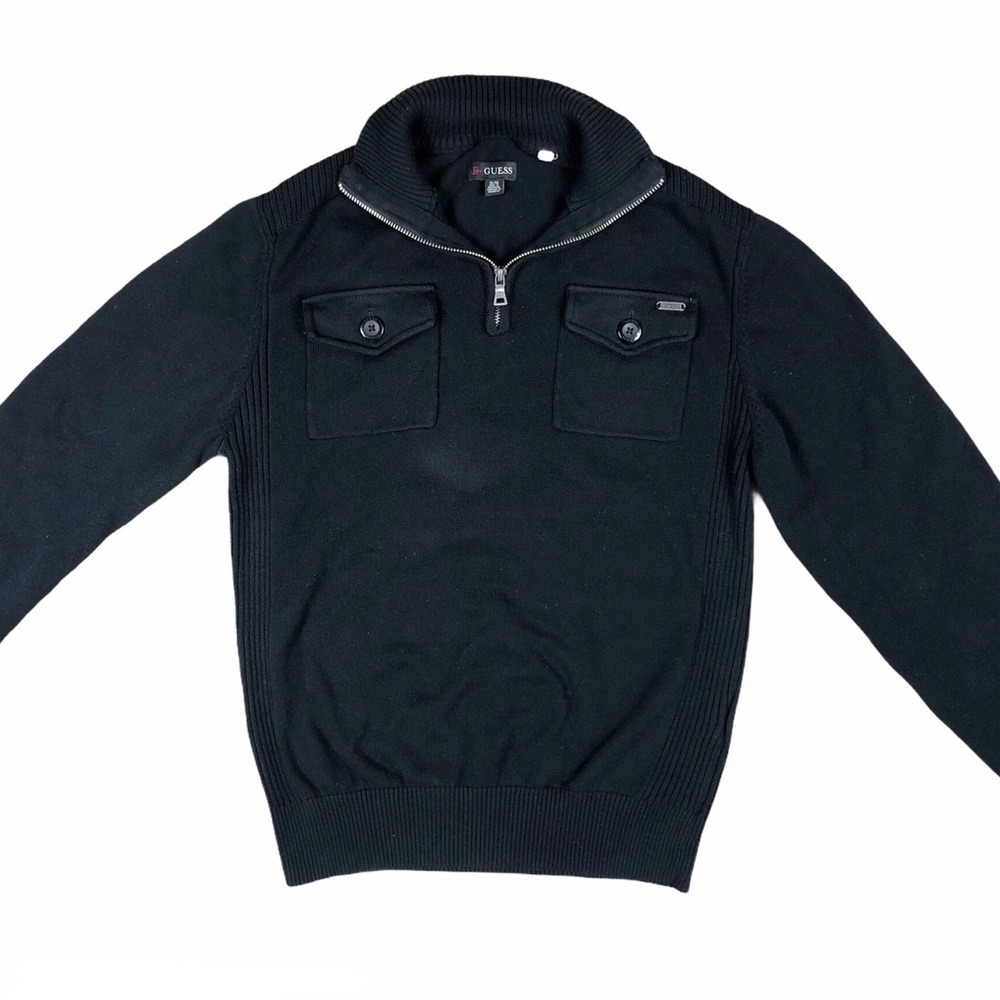 Guess 1/4 Zip Pull Over Black Knit Sweater